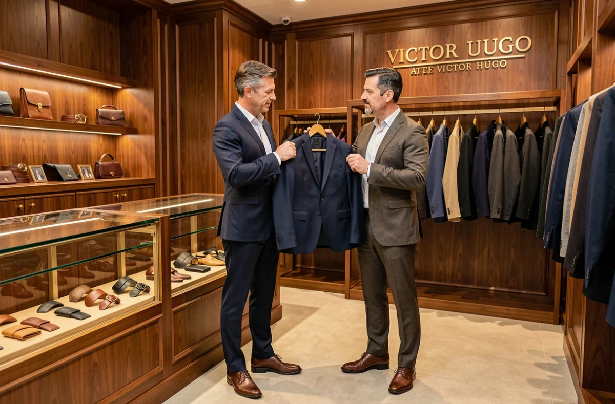 Conseiller présentant un veston à un client dans la boutique homme A Victor Hugo à Rennes, décor boisé élégant