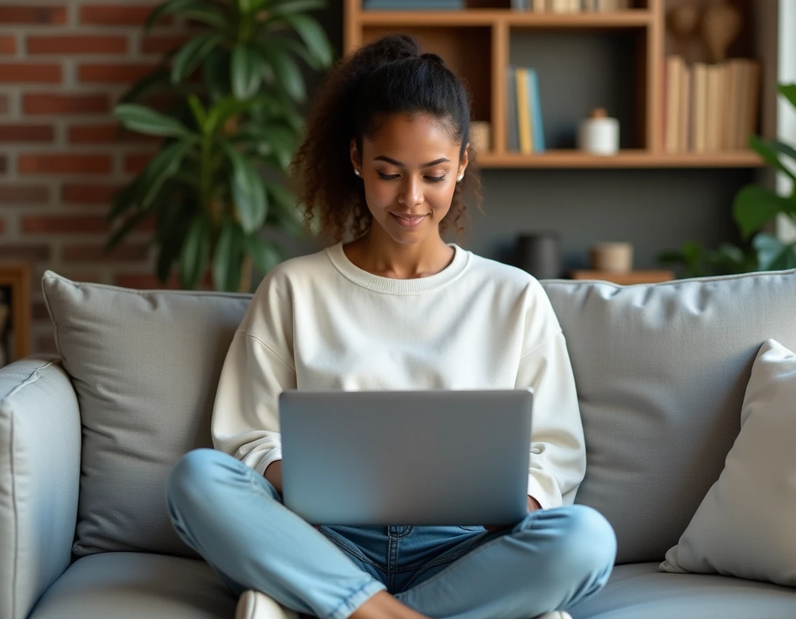 Femme cherchant des sneakers en ligne sur un site e-commerce depuis son appartement moderne