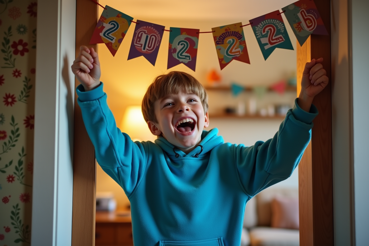 Adolescent accrochant une bannière Bonne Année 2025 dans la maison