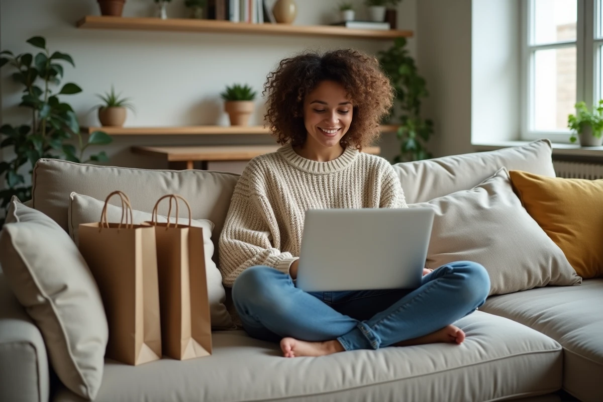 Femme cherchant des alternatives aux soldes Zara sur son ordinateur portable depuis chez elle