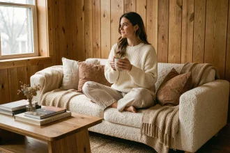 Femme en pull oversize crème assise sur un canapé bouclé avec des plaids et des coussins chaleureux, tenant un mug en céramique dans un salon cosy aux tons naturels