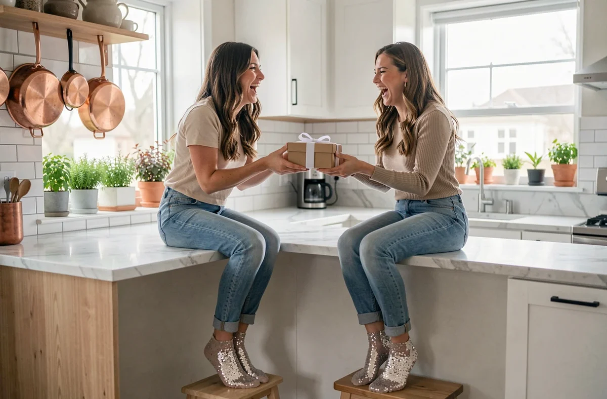 Deux amies riant ensemble dans une cuisine moderne, portant des chaussettes à paillettes colorées, l'une offrant un coffret cadeau à l'autre