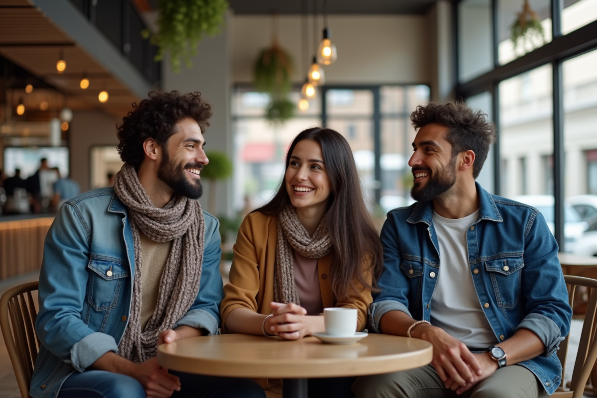 Trois amis discutant dans un café moderne intérieur