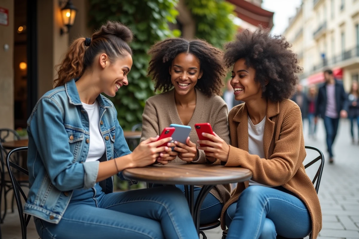 Groupe d'amis comparant leurs coques téléphone originales et colorées en terrasse de café parisien