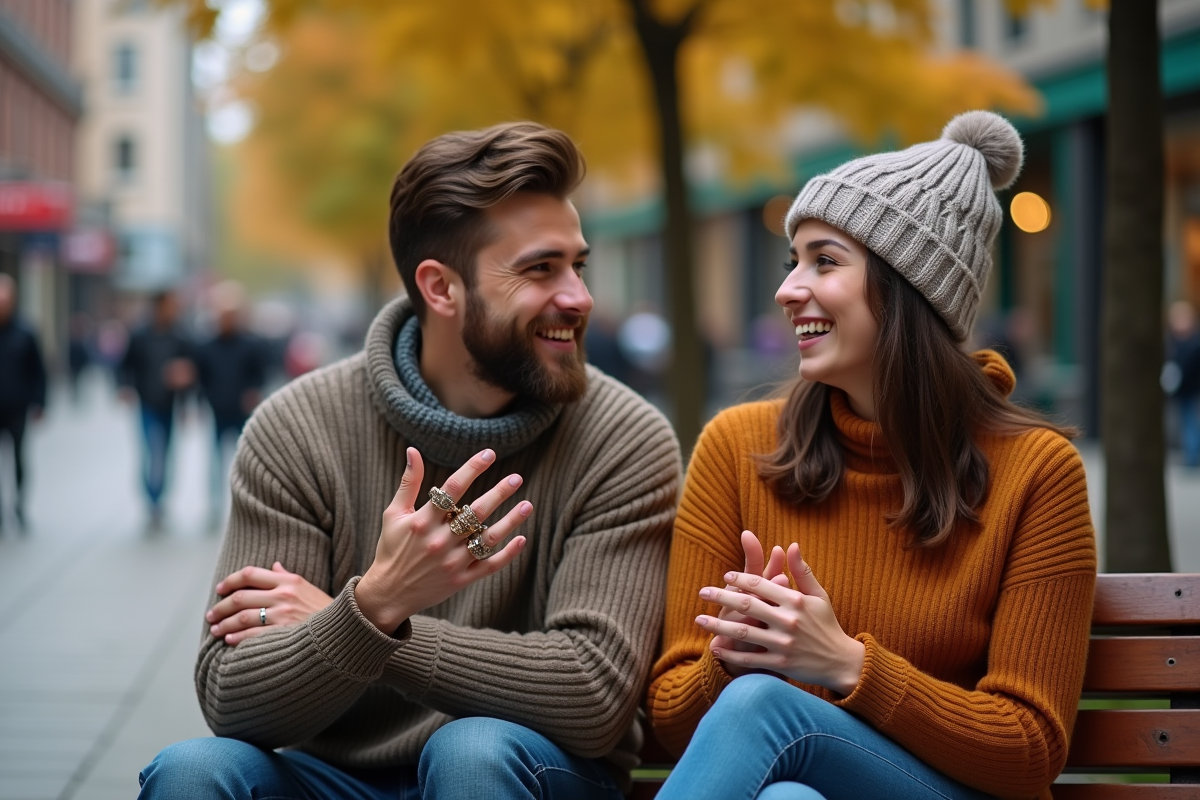 Amis partageant un moment avec bagues en ville