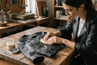Femme appliquant de la cire sur une veste en cuir noire posée sur un établi en bois
