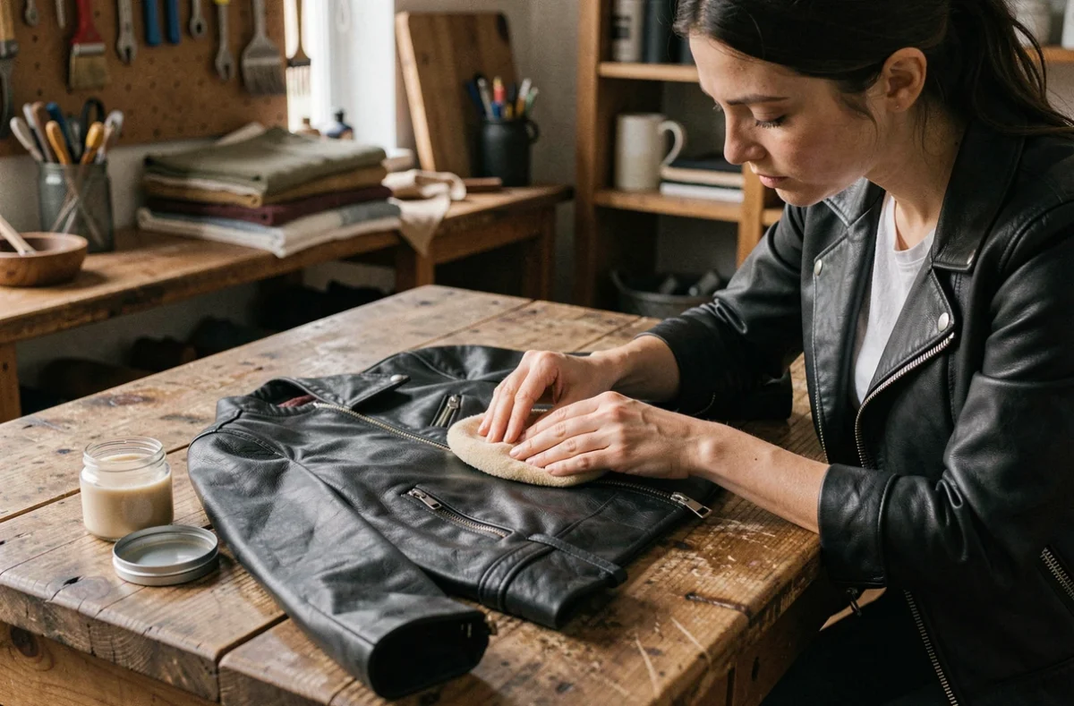 Femme appliquant de la cire sur une veste en cuir noire posée sur un établi en bois