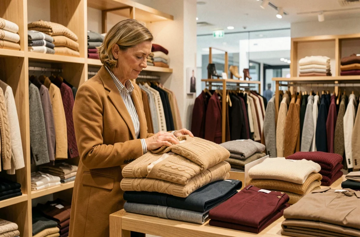 Cliente d'une cinquantaine d'années examinant un cardigan dans une boutique Armand Thiery Femme aux tons chaleureux