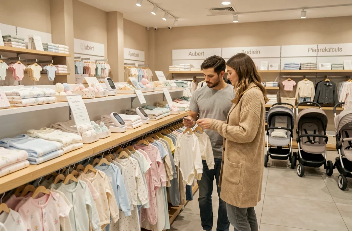 Un jeune couple examine des bodys en coton pour bébé dans le rayon puériculture Aubert à Ruaudin