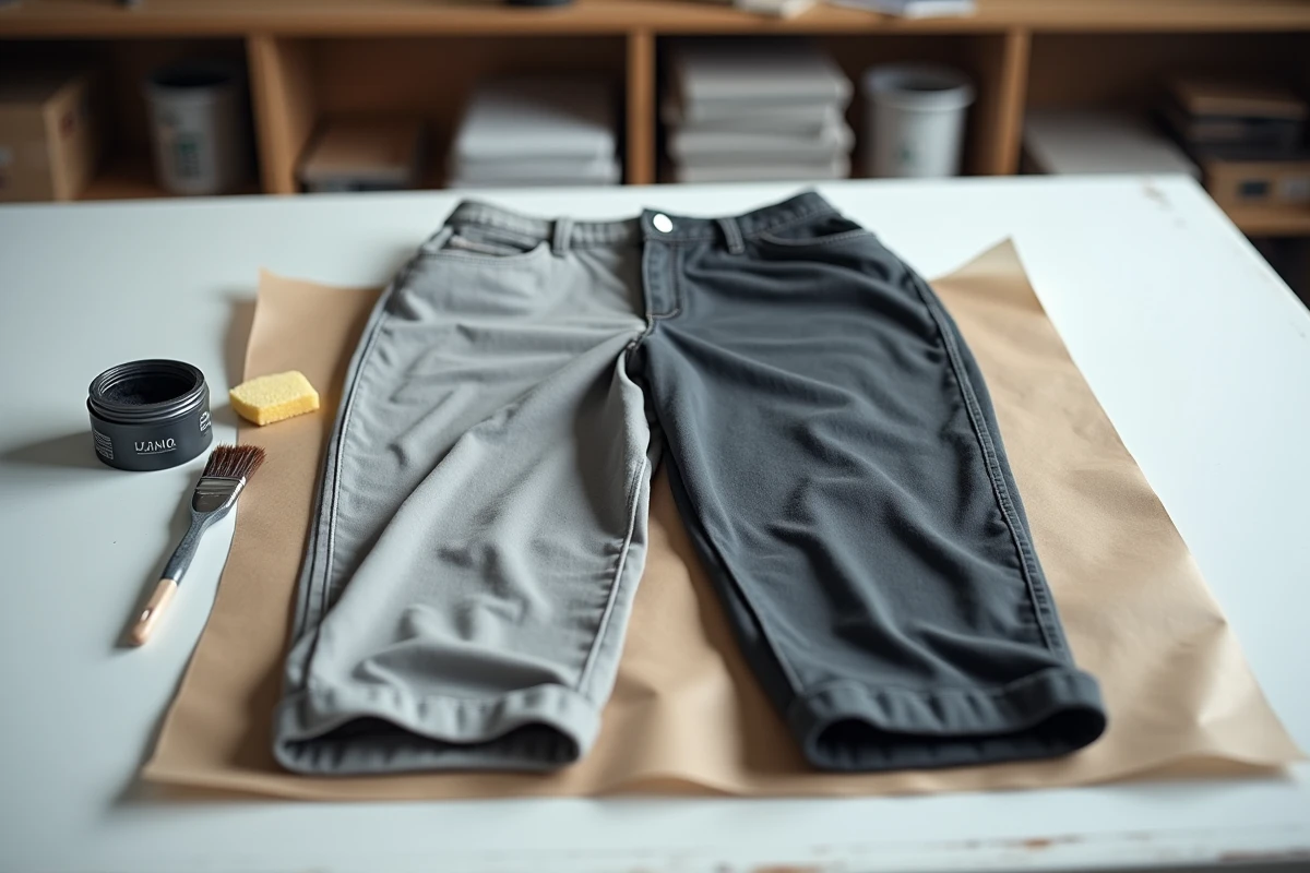 Comparaison avant-après d'un pantalon en polyester teint pour masquer une tache et une décoloration