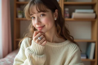 Adolescente portant une bague coeur magnétique en argent sur l'index, dans un décor de chambre cosy aux tons neutres