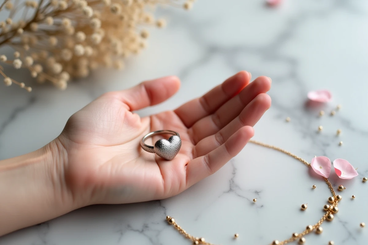 Gros plan d'une bague coeur magnétique posée sur la paume d'une adolescente, entourée de fleurs séchées sur marbre blanc