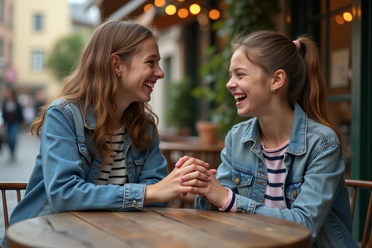 Deux adolescentes en terrasse de café, l'une montrant sa bague coeur magnétique rose gold à son amie dans une ambiance urbaine