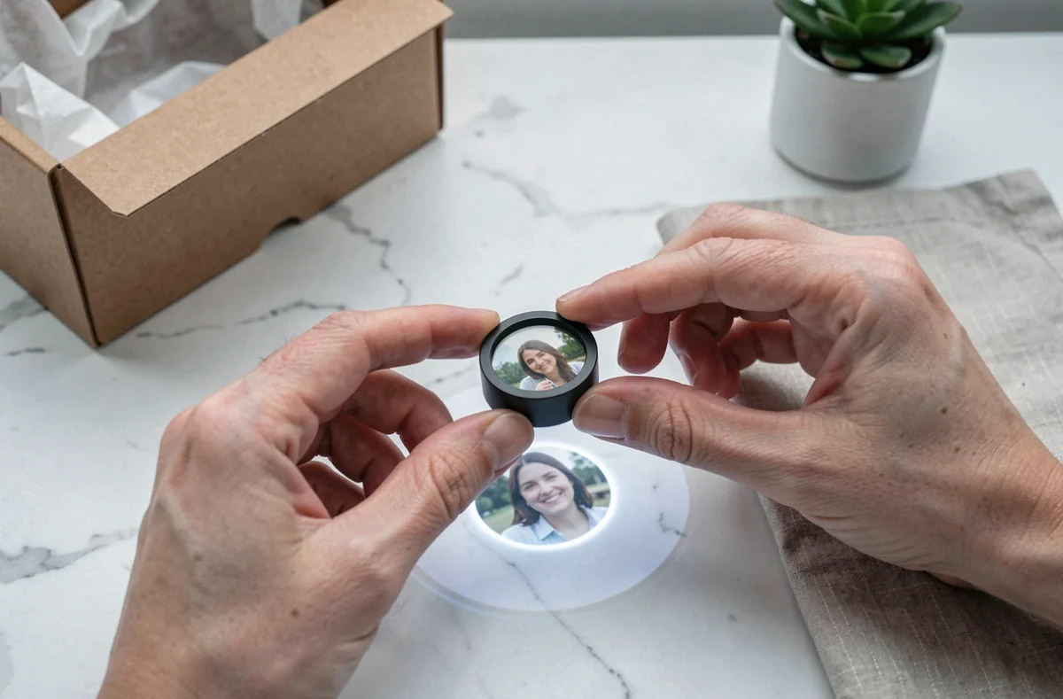 Gros plan de mains tenant une bague à projection photo au-dessus d'un bureau en marbre avec boîte cadeau kraft