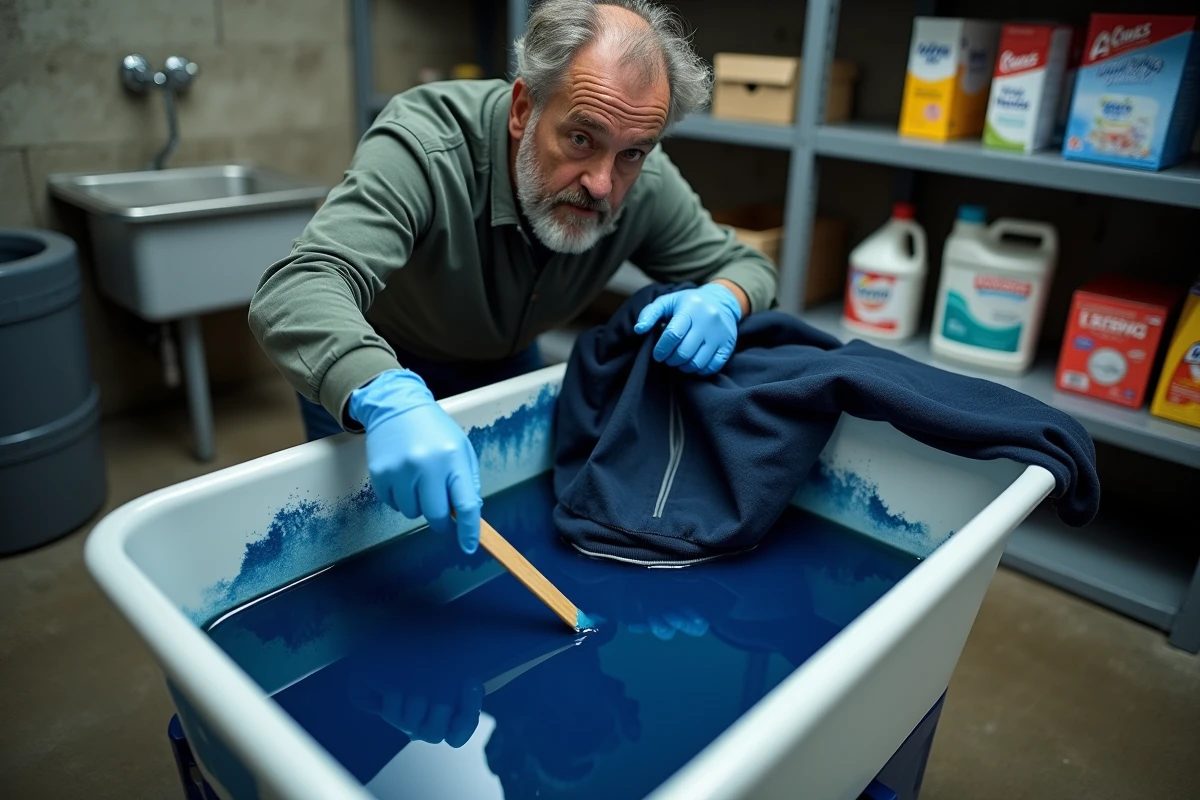 Homme plongeant une veste en polyester dans un bain de teinture bleue pour corriger une décoloration