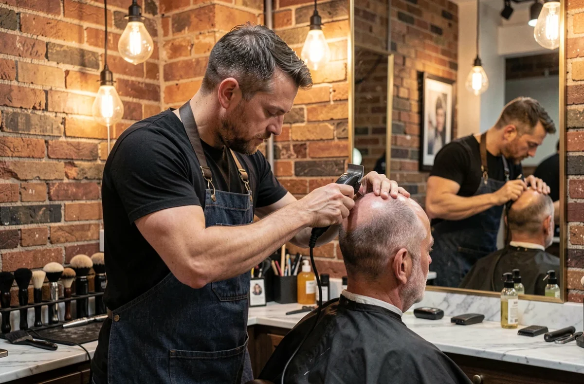 Barbier professionnel taillant la coupe couronne d'un client d'âge mûr souffrant de calvitie dans un salon haut de gamme