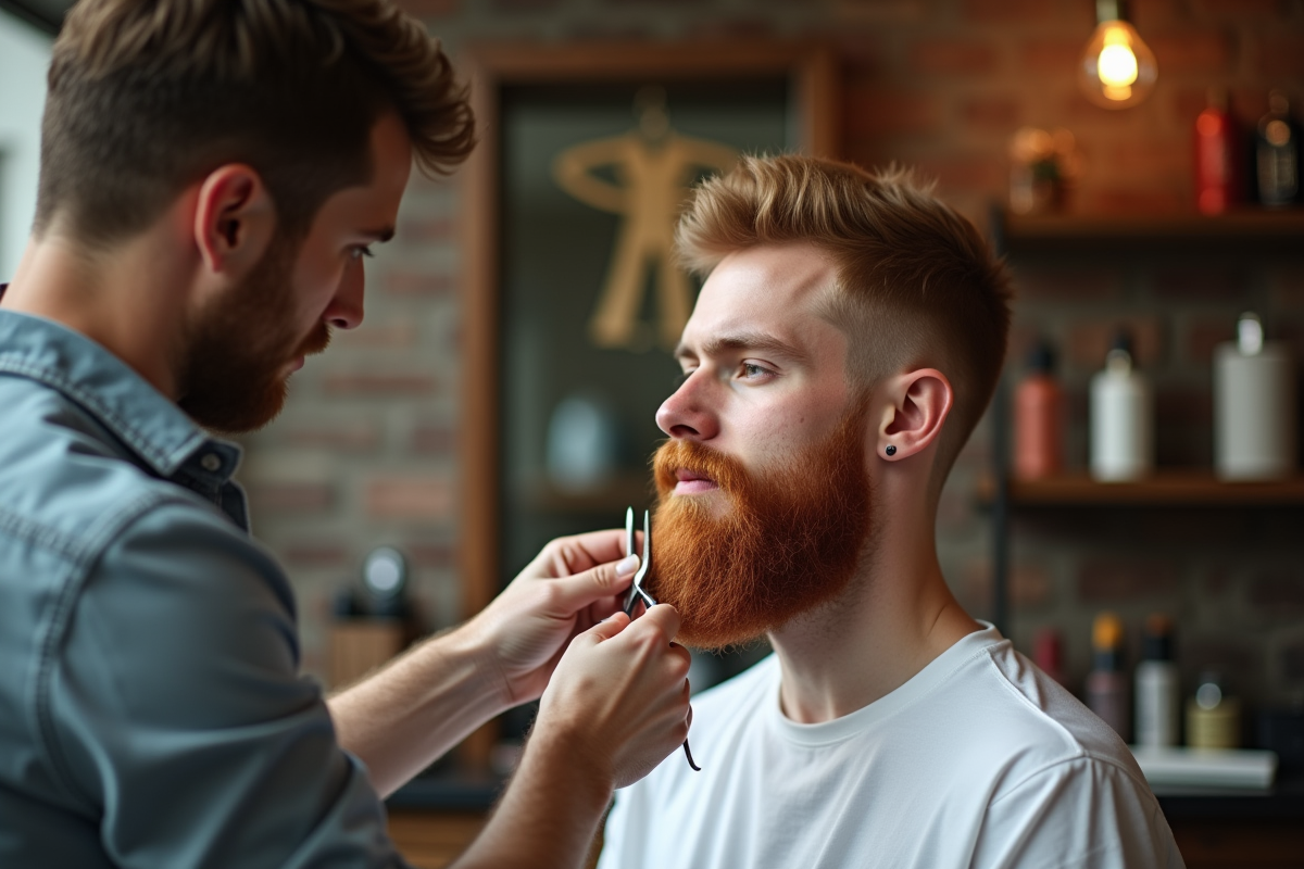 Jeune homme en salon de coiffure en train de faire couper sa barbe