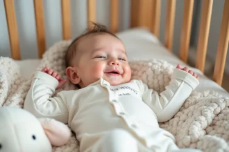 Bebe fille souriante en pyjama blanc dans une nurserie lumineuse