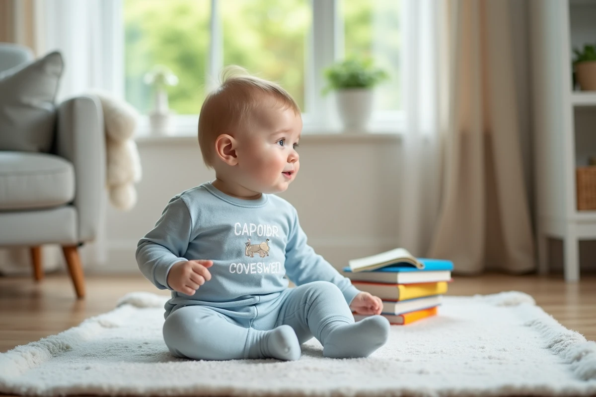 Bebe garcon assis sur un tapis de jeu dans un salon cosy