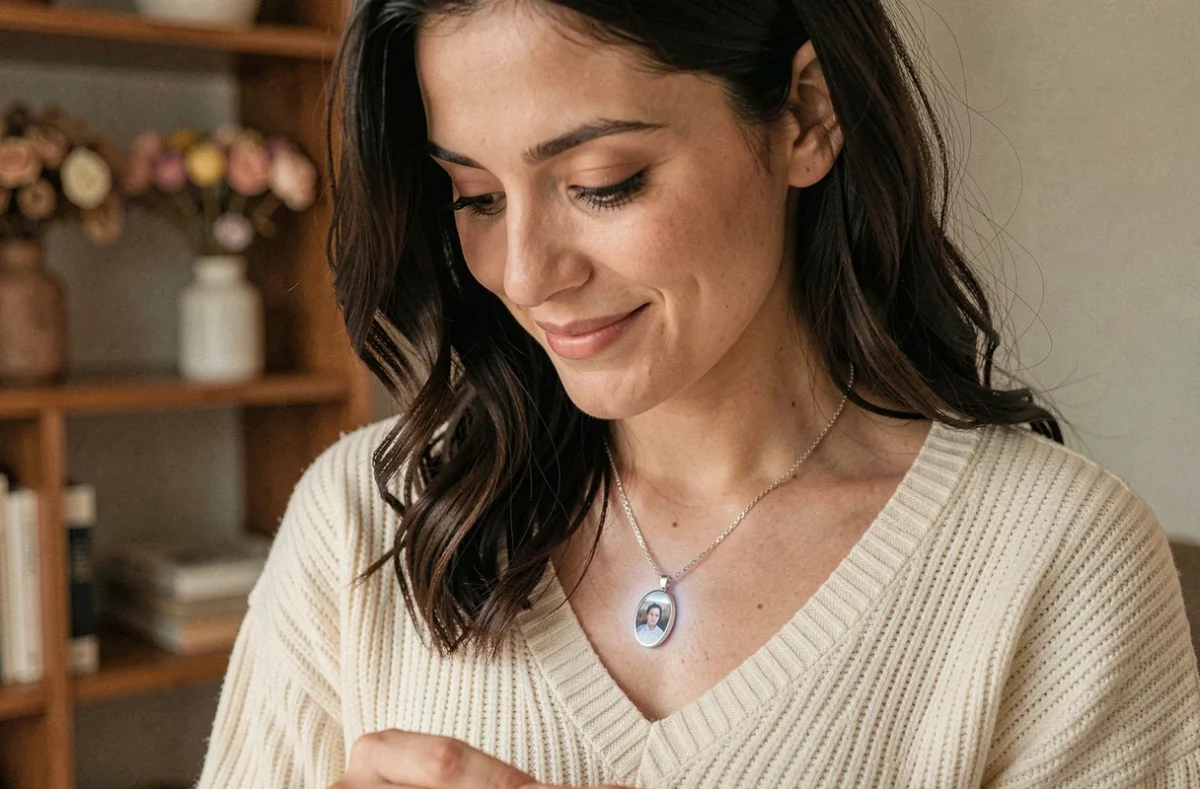 Femme portant un bijou médaillon à projection de photo, souriant tendrement dans un salon cosy et chaleureux
