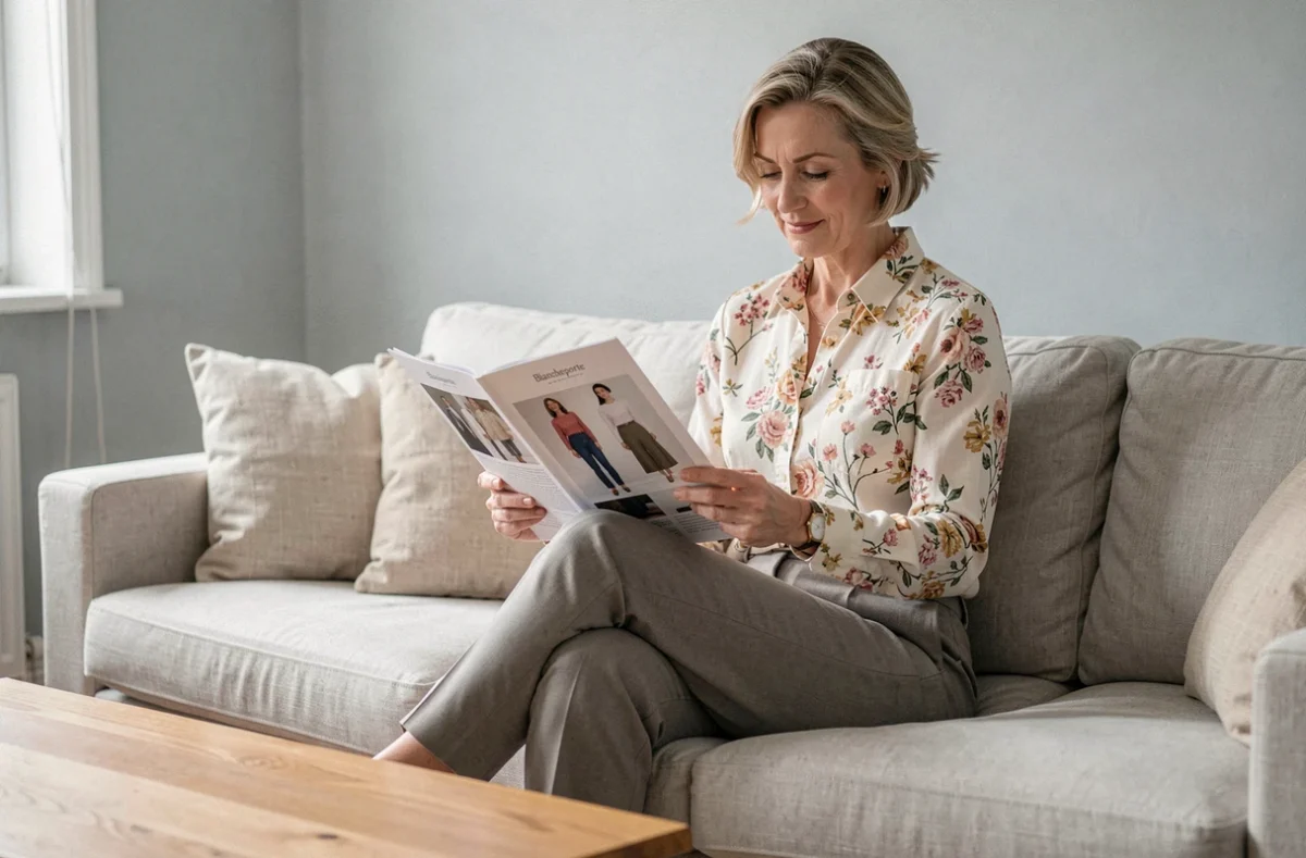 Femme d'une cinquantaine d'années feuilletant un catalogue Blancheporte dans un salon lumineux au décor épuré