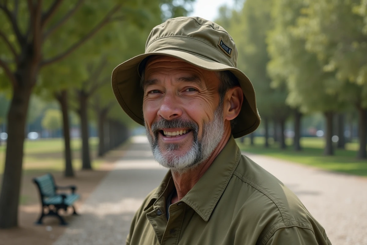Homme au visage long portant un bob olive dans un parc urbain, illustrant le bon choix de chapeau pour équilibrer les proportions faciales