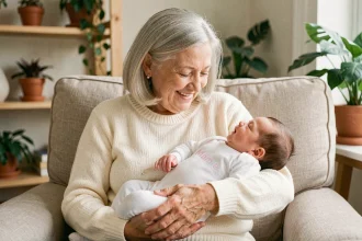 Grand-mère tenant un bébé dans ses bras vêtu d'un body personnalisé Mamie dans un salon chaleureux