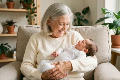 Grand-mère tenant un bébé dans ses bras vêtu d'un body personnalisé Mamie dans un salon chaleureux