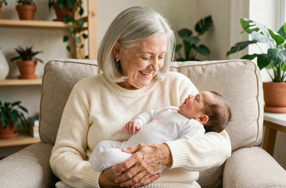 Grand-mère tenant un bébé dans ses bras vêtu d'un body personnalisé Mamie dans un salon chaleureux