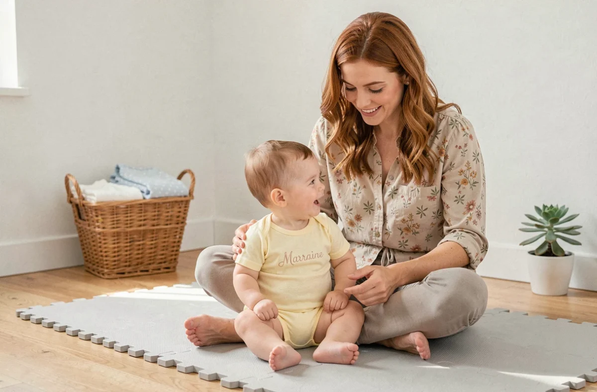 Marraine jouant avec un bébé habillé d'un body personnalisé Marraine sur un tapis de jeu dans une chambre lumineuse