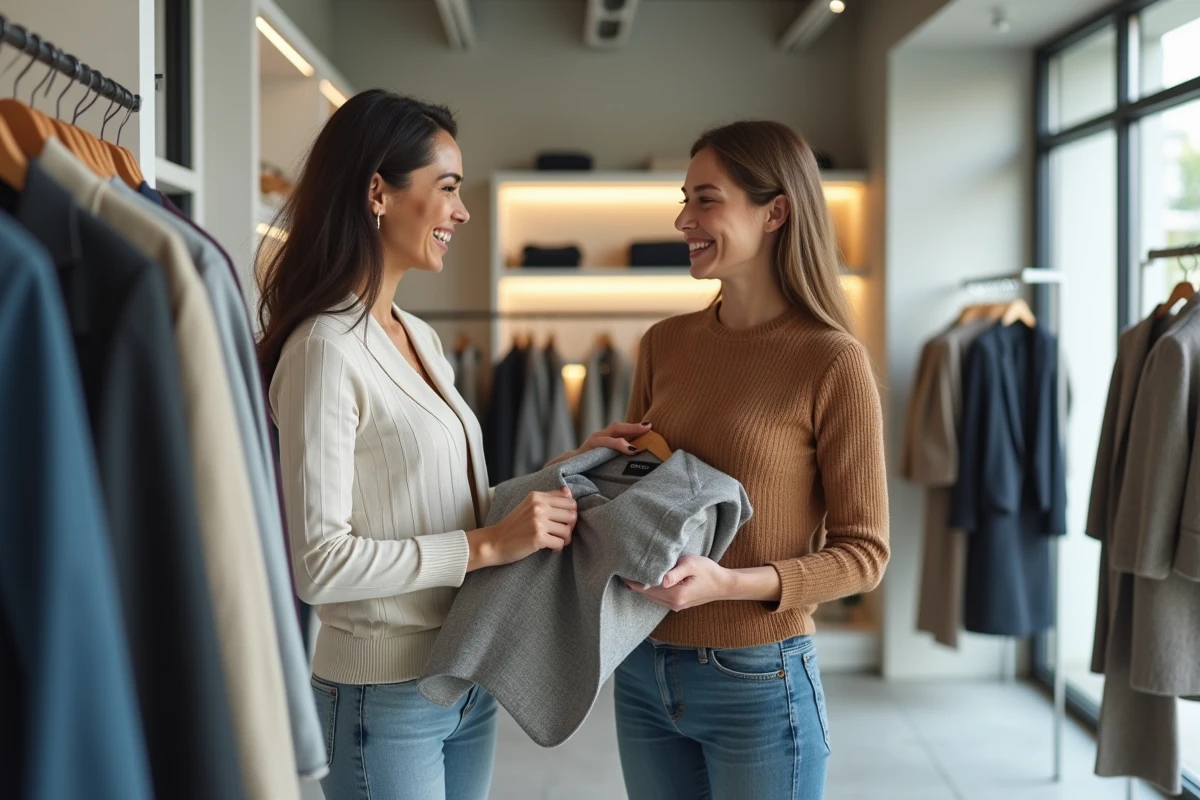 Deux femmes comparant des vêtements soldés dans une boutique alternative à Zara