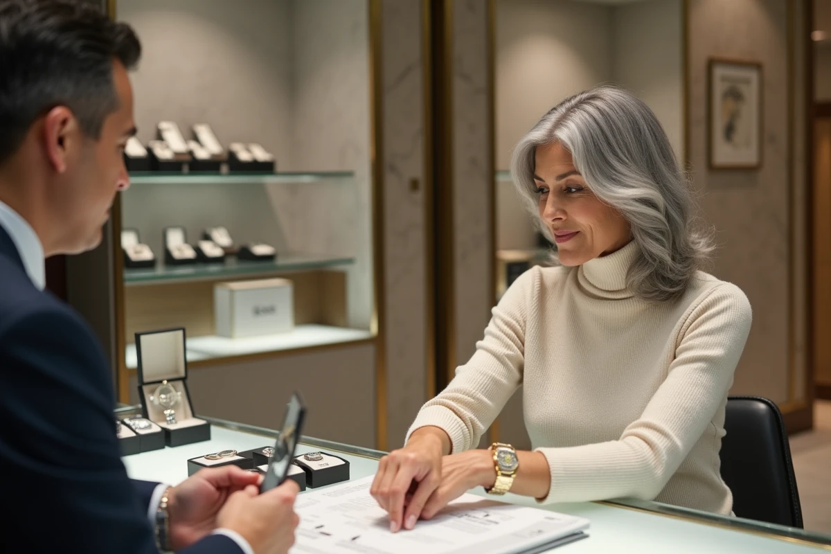 Femme explorant des montres Richemont dans une boutique horlogerie haut de gamme avec un conseiller