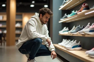 Jeune homme examinant des sneakers en édition limitée dans une boutique moderne au sol en béton ciré
