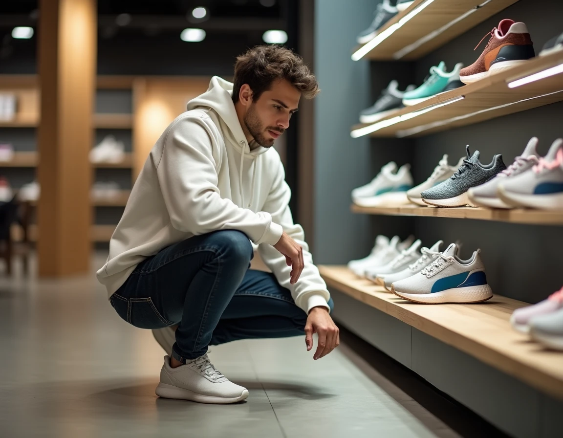 Jeune homme examinant des sneakers en édition limitée dans une boutique moderne au sol en béton ciré