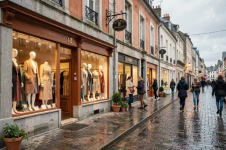 Rue commerçante animée de la Somme avec des boutiques de prêt-à-porter féminin aux vitrines élégantes