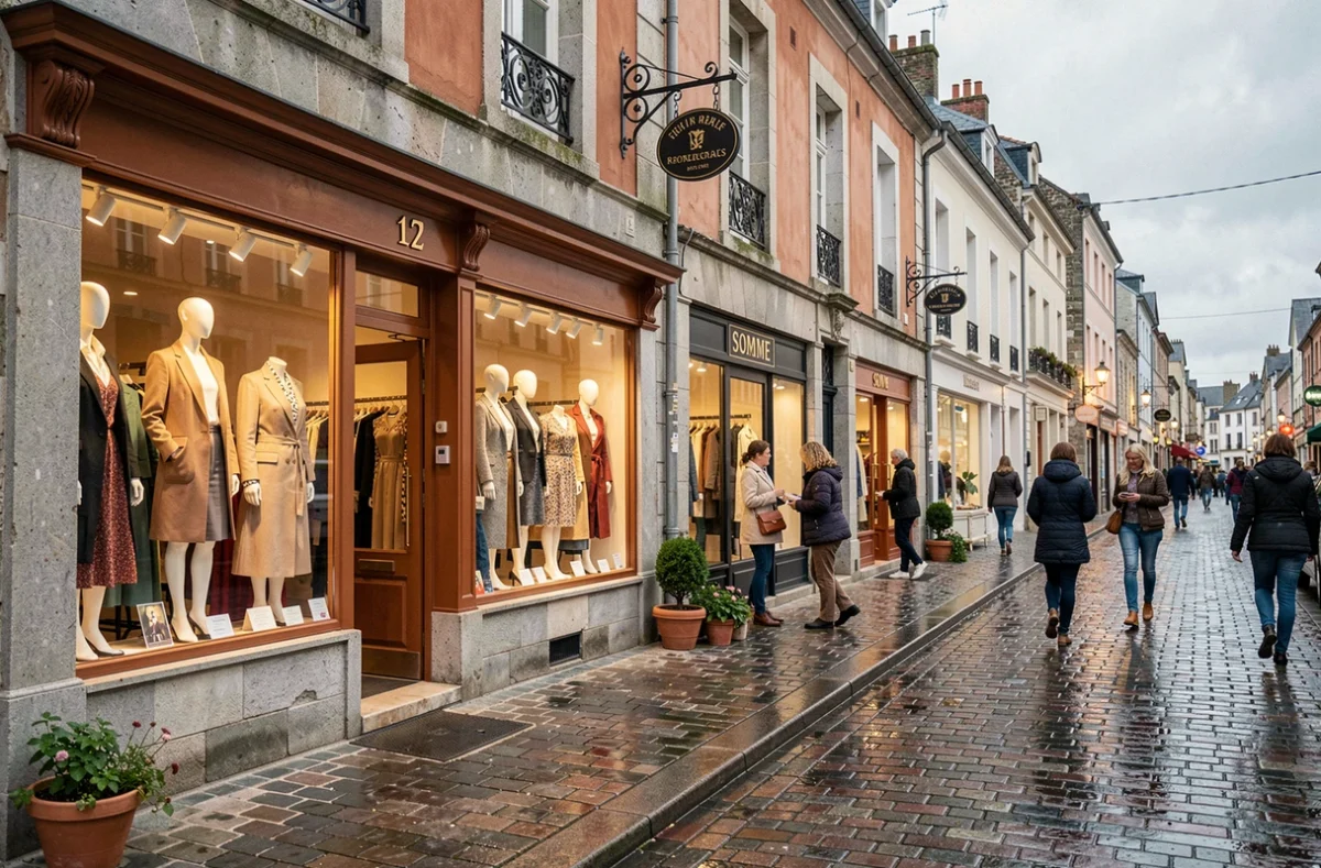 Rue commerçante animée de la Somme avec des boutiques de prêt-à-porter féminin aux vitrines élégantes