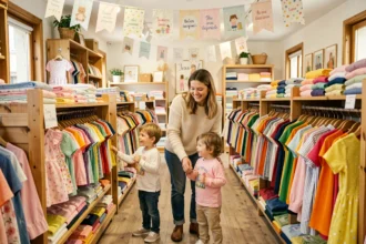 Une mère et ses deux jeunes enfants explorent les rayons colorés d'une boutique de vêtements enfants dans les Pays de la Loire