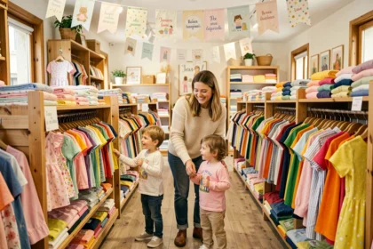 Une mère et ses deux jeunes enfants explorent les rayons colorés d'une boutique de vêtements enfants dans les Pays de la Loire