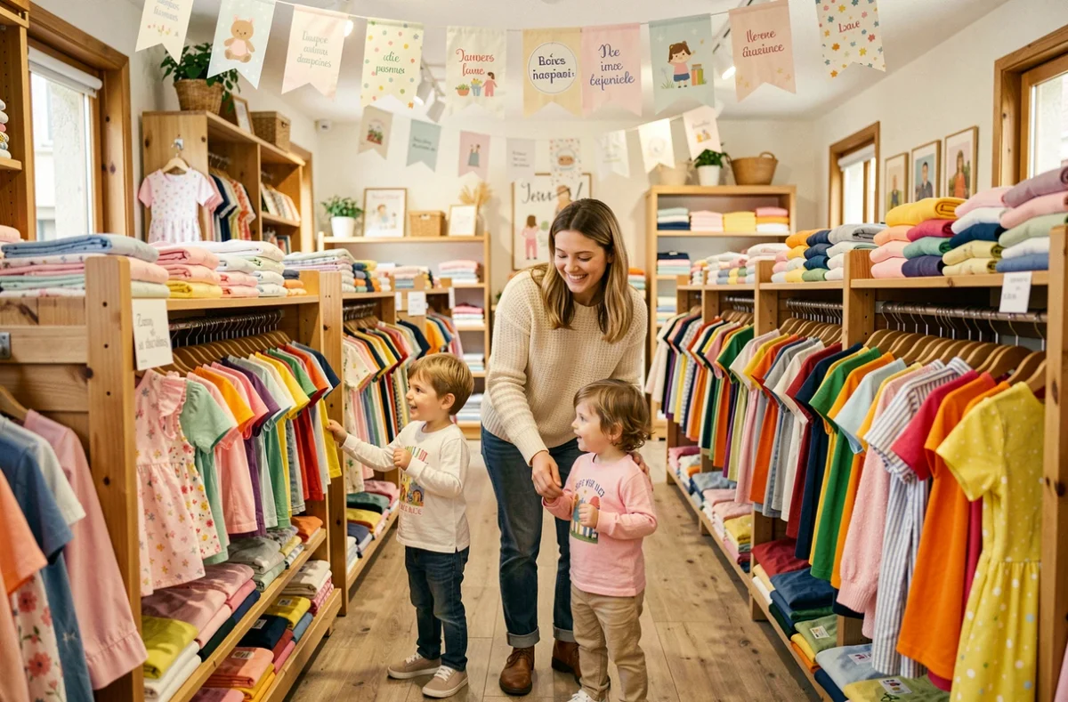 Une mère et ses deux jeunes enfants explorent les rayons colorés d'une boutique de vêtements enfants dans les Pays de la Loire