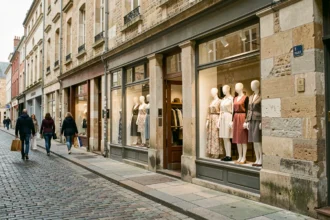 Vue d'une rue commerçante en Ille-et-Vilaine avec des boutiques de vêtements indépendantes aux vitrines élégantes