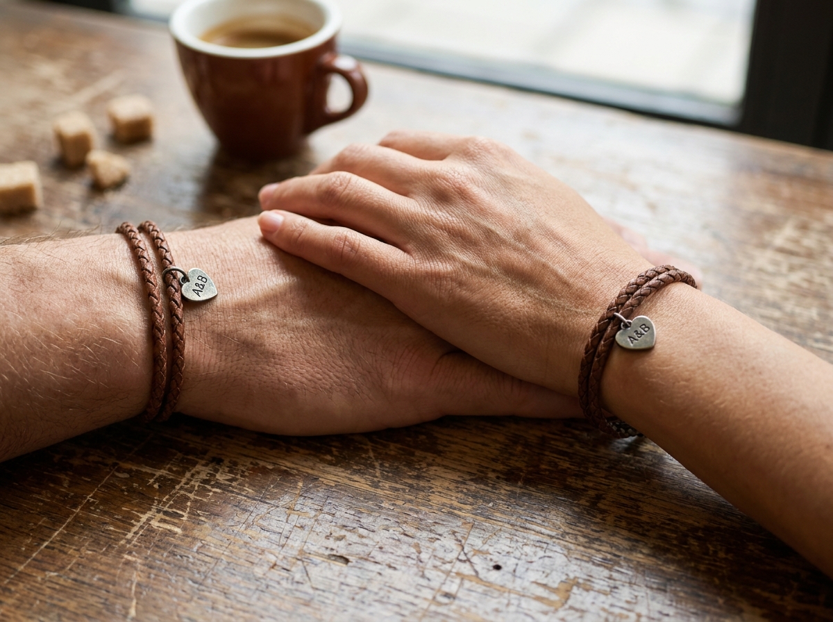 Deux poignets portant des bracelets de couple en cuir tressé avec breloque cœur, mains enlacées sur une table de café en bois