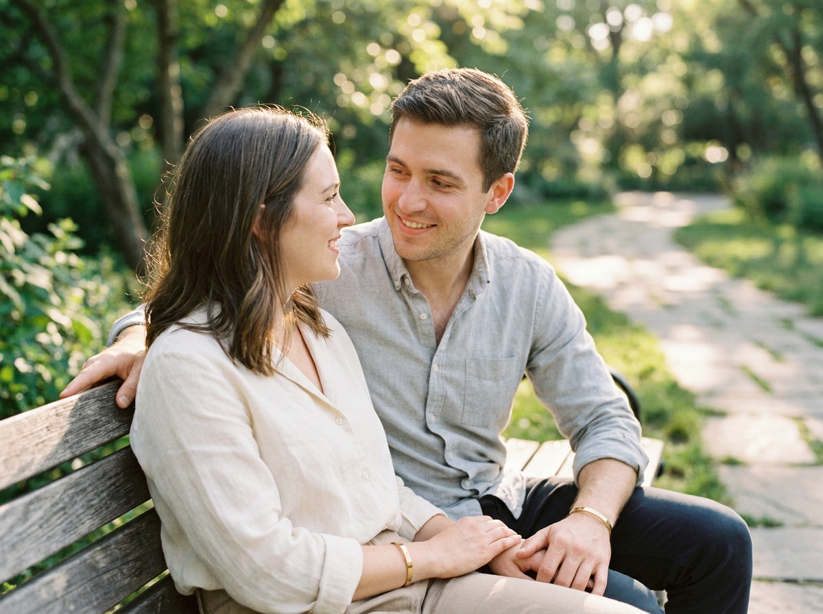 Couple de jeunes adultes souriants dans un parc portant des bracelets fins assortis en or, assis sur un banc en plein air