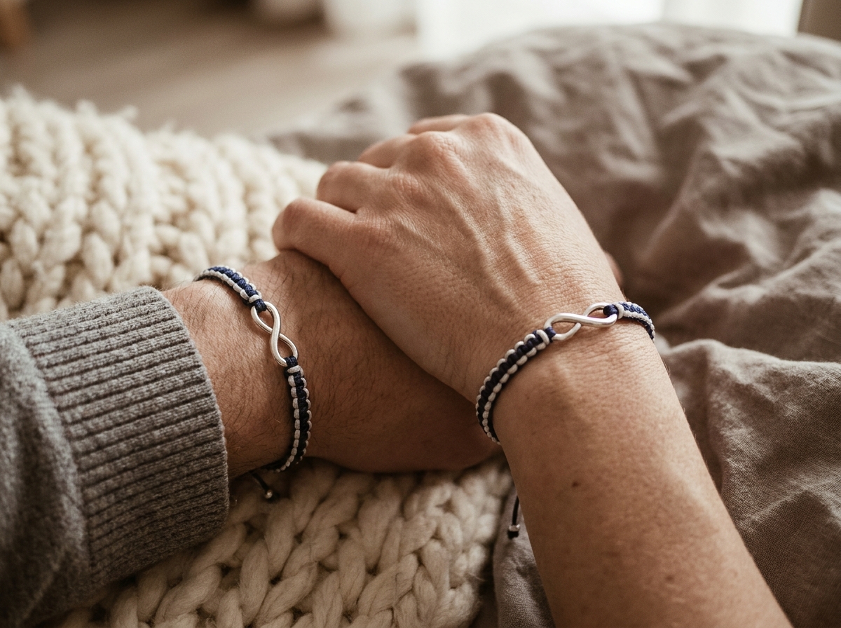 Gros plan sur deux poignets portant des bracelets cordon assortis symbole infini en argent, posés sur un plaid en laine crème