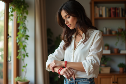 Jeune femme ajustant un bracelet rouge à l’œil