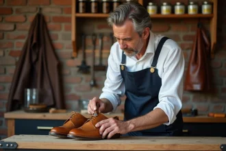 Homme appliquant une brosse à chaussure en crin de cheval sur une paire de richelieus en cuir tan pour entretenir et prolonger leur durée de vie