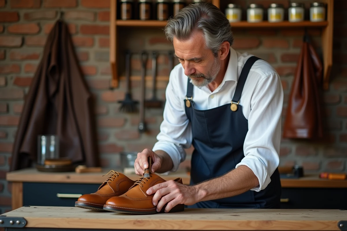 Homme appliquant une brosse à chaussure en crin de cheval sur une paire de richelieus en cuir tan pour entretenir et prolonger leur durée de vie
