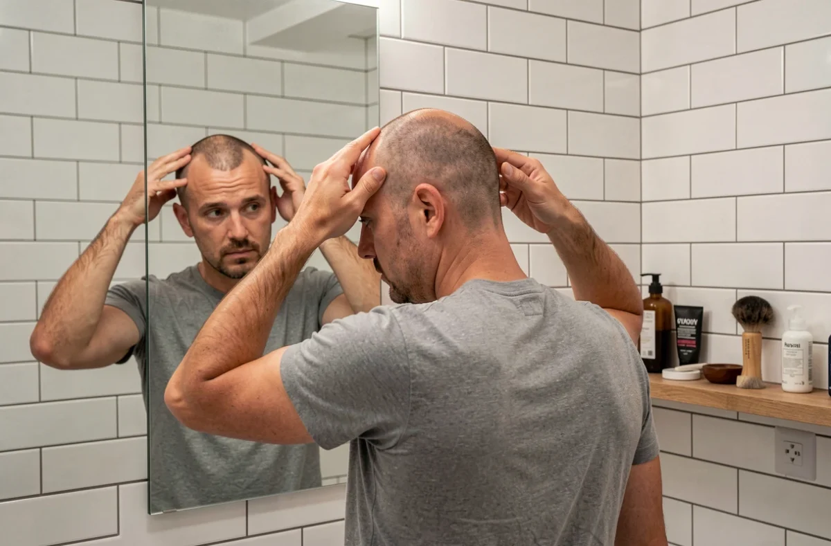 Homme aux cheveux clairsemés inspectant sa calvitie naissante devant un miroir de salle de bain