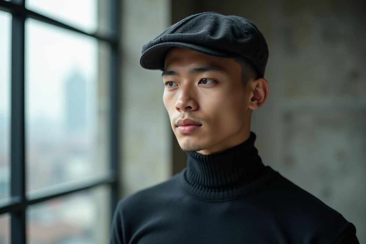 Jeune homme au visage rond portant une casquette plate en laine structurée pour allonger visuellement les proportions du visage