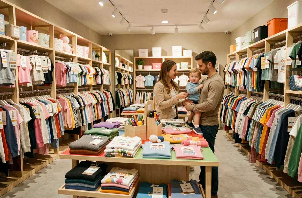 L'intérieur de La Caverne d'Ali Bambin à Orvault, une boutique multimarques pour enfants avec de nombreux rayons de vêtements