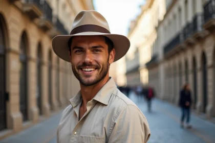 Homme aux traits harmonieux portant un chapeau fedora beige adapté à son visage ovale dans une rue pavée européenne